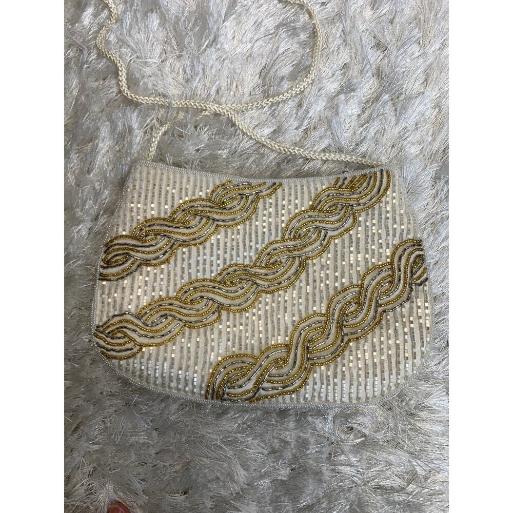 La Regale Ivory Gold Full Beaded Bags Long String 9 x 6"